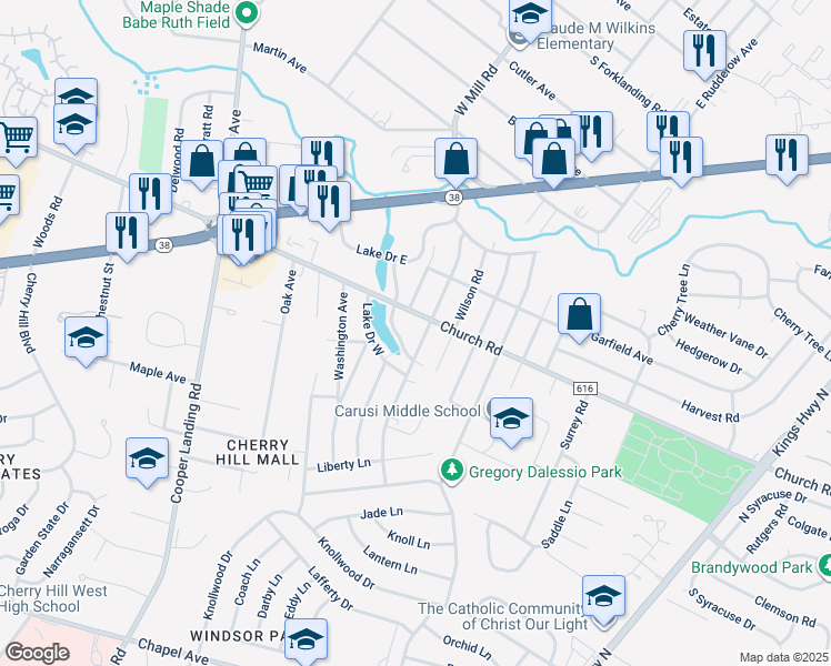 map of restaurants, bars, coffee shops, grocery stores, and more near 303 Lake Drive East in Cherry Hill