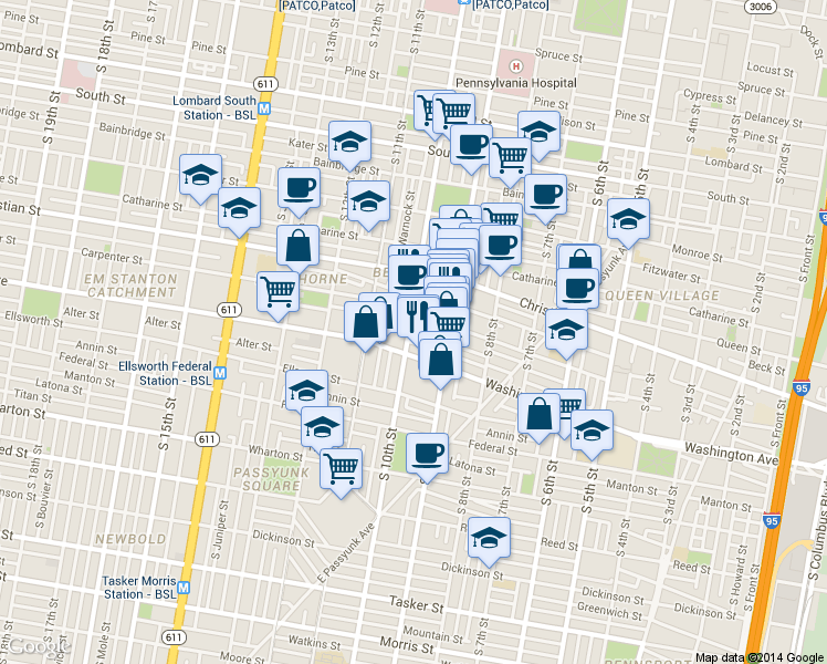 map of restaurants, bars, coffee shops, grocery stores, and more near 938 South 9th Street in Philadelphia