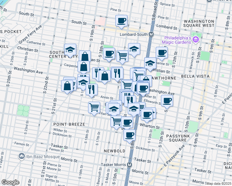 map of restaurants, bars, coffee shops, grocery stores, and more near 1625 Ellsworth Street in Philadelphia
