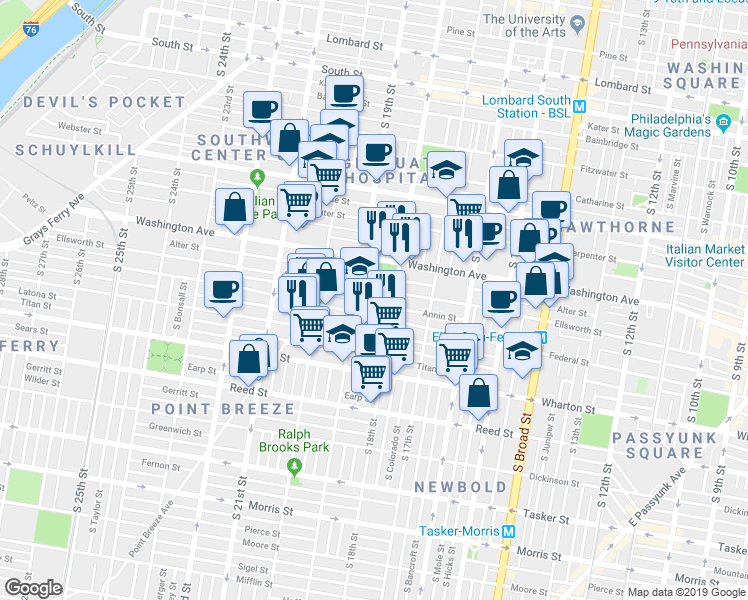 map of restaurants, bars, coffee shops, grocery stores, and more near 1141 South Cleveland Street in Philadelphia