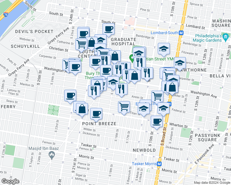 map of restaurants, bars, coffee shops, grocery stores, and more near 1141 South Cleveland Street in Philadelphia
