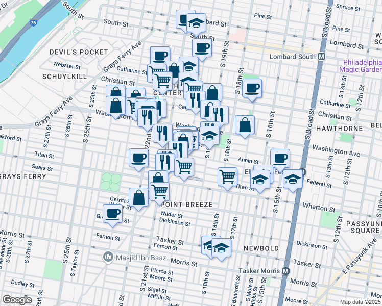 map of restaurants, bars, coffee shops, grocery stores, and more near 2009 Federal Street in Philadelphia