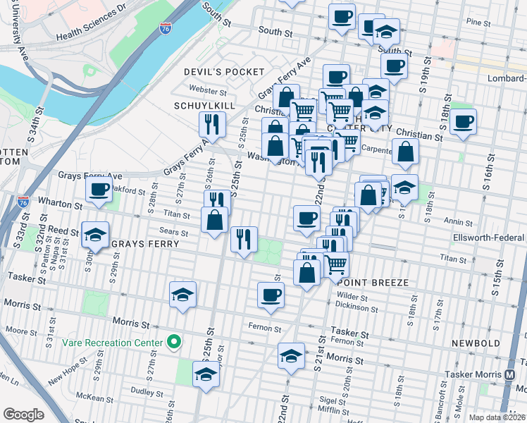 map of restaurants, bars, coffee shops, grocery stores, and more near 1233 South Bucknell Street in Philadelphia