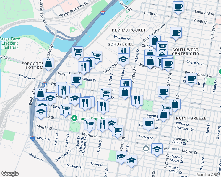 map of restaurants, bars, coffee shops, grocery stores, and more near 1252 South 27th Street in Philadelphia
