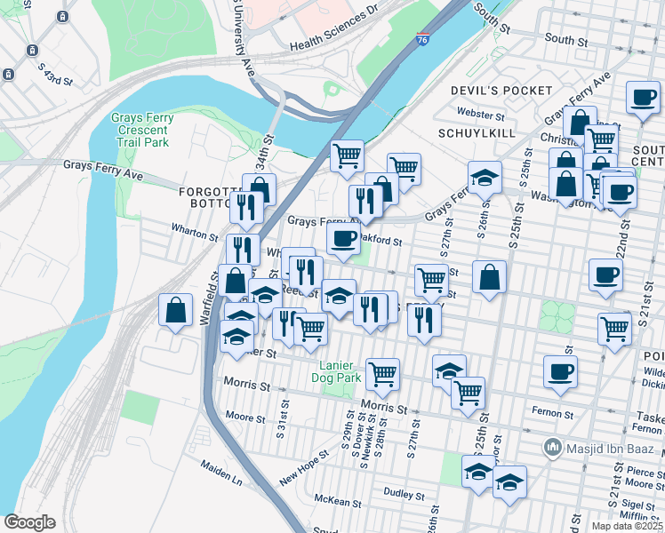 map of restaurants, bars, coffee shops, grocery stores, and more near 3012 Wharton Street in Philadelphia