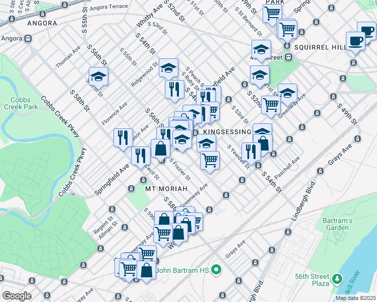 map of restaurants, bars, coffee shops, grocery stores, and more near 1713 South 56th Street in Philadelphia