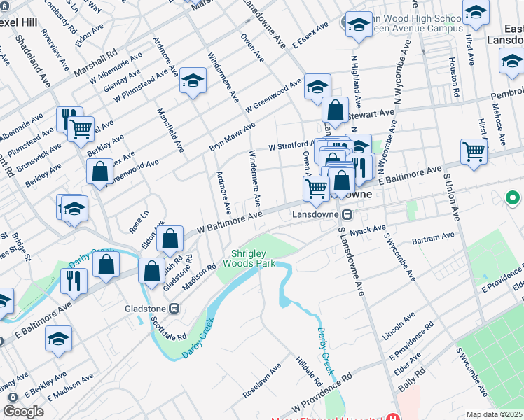map of restaurants, bars, coffee shops, grocery stores, and more near 1 West Baltimore Avenue in Lansdowne