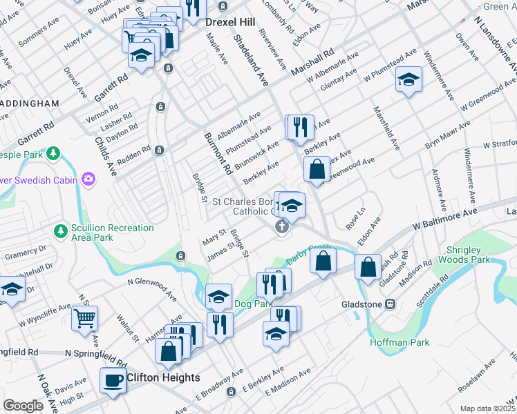 map of restaurants, bars, coffee shops, grocery stores, and more near 156 Burmont Road in Drexel Hill