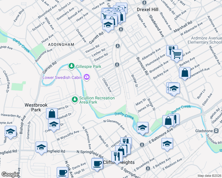 map of restaurants, bars, coffee shops, grocery stores, and more near 4015 Brunswick Avenue in Drexel Hill