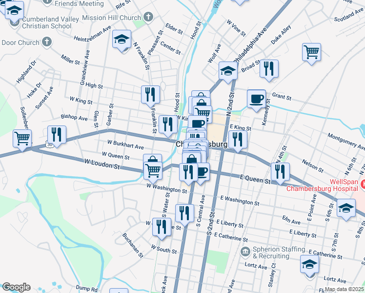 map of restaurants, bars, coffee shops, grocery stores, and more near 54 Lincoln Way West in Chambersburg