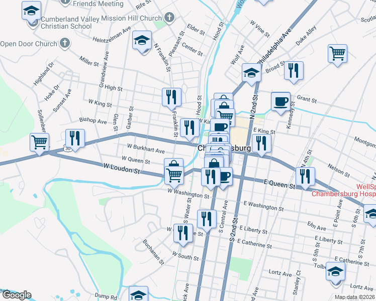 map of restaurants, bars, coffee shops, grocery stores, and more near 116 Lincoln Way West in Chambersburg