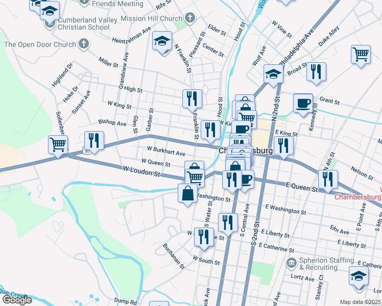 map of restaurants, bars, coffee shops, grocery stores, and more near 27 South Franklin Street in Chambersburg