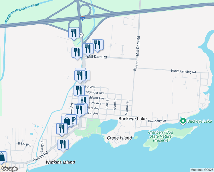 map of restaurants, bars, coffee shops, grocery stores, and more near 203 6th Avenue in Buckeye Lake