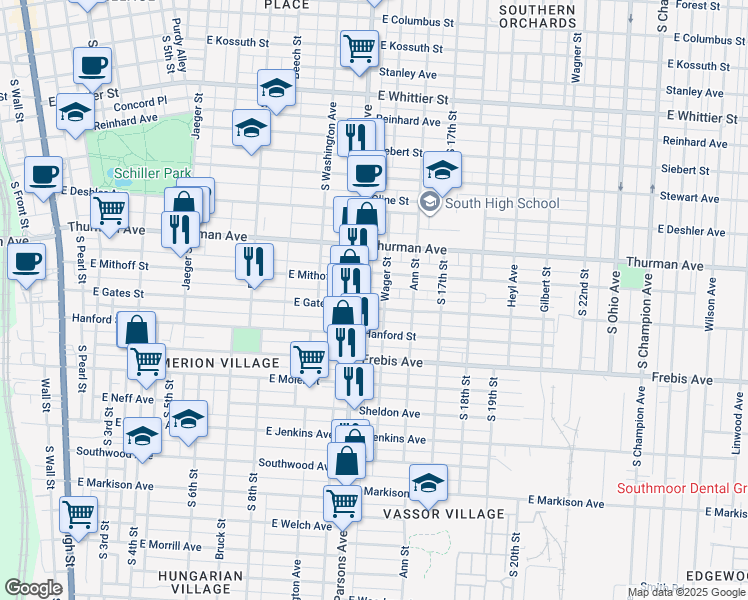 map of restaurants, bars, coffee shops, grocery stores, and more near 472 East Gates Street in Columbus