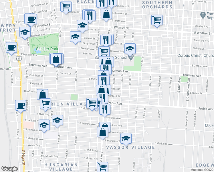 map of restaurants, bars, coffee shops, grocery stores, and more near 472 East Gates Street in Columbus