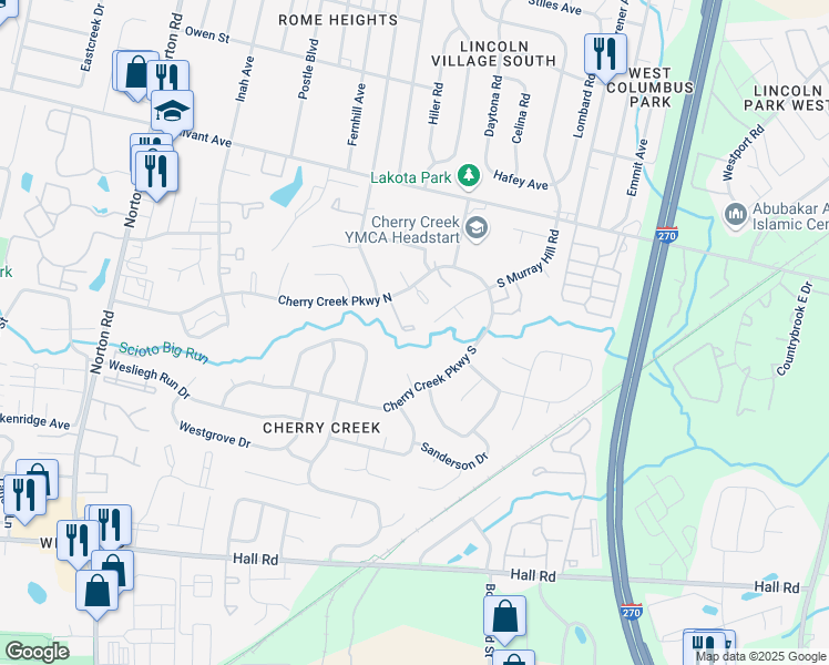 map of restaurants, bars, coffee shops, grocery stores, and more near 711 Cherry Hollow Road in Columbus