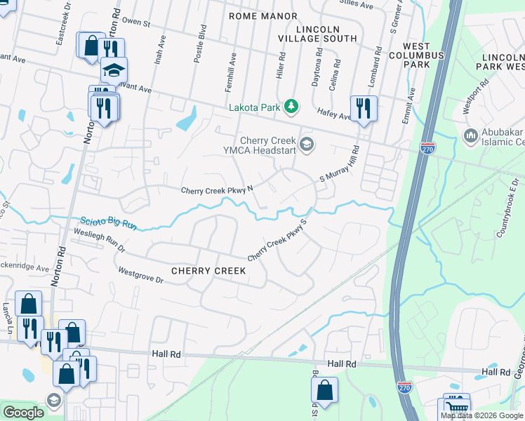 map of restaurants, bars, coffee shops, grocery stores, and more near 711 Cherry Hollow Road in Columbus