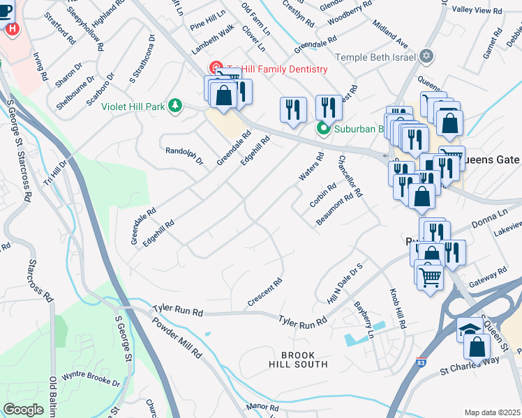 map of restaurants, bars, coffee shops, grocery stores, and more near 405 Waters Road in York