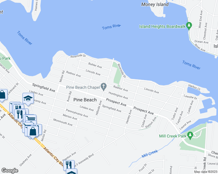 map of restaurants, bars, coffee shops, grocery stores, and more near 611 Radnor Ave in Pine Beach