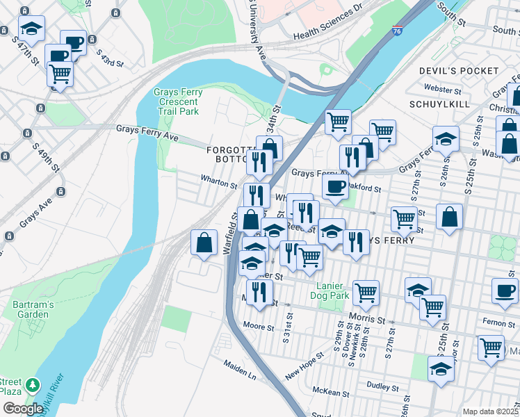 map of restaurants, bars, coffee shops, grocery stores, and more near 1328 South 33rd Street in Philadelphia