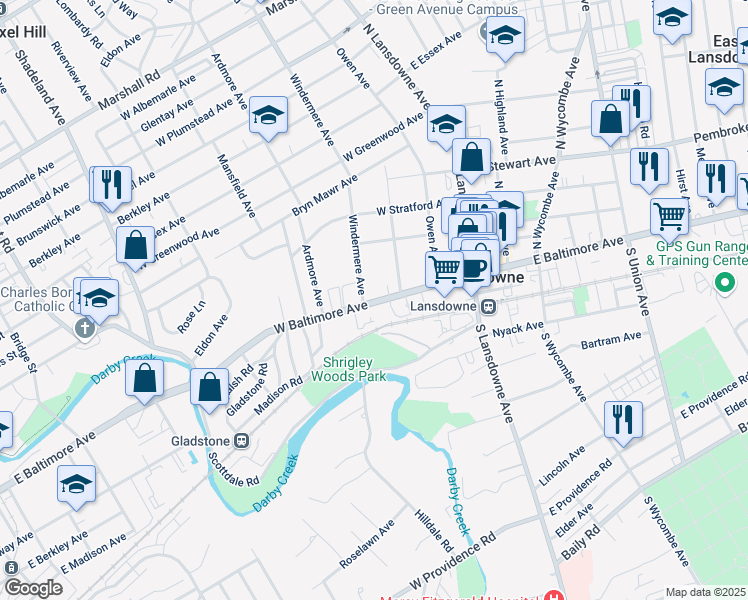 map of restaurants, bars, coffee shops, grocery stores, and more near 3 Windermere Avenue in Lansdowne
