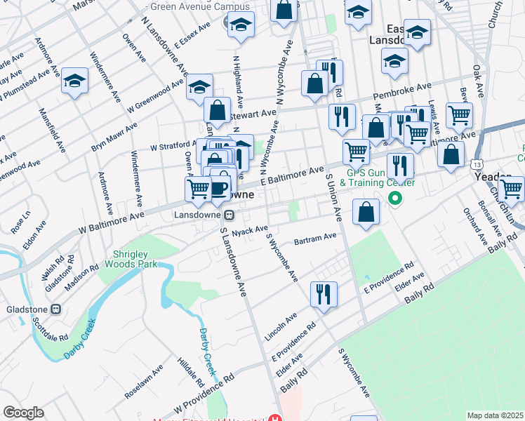 map of restaurants, bars, coffee shops, grocery stores, and more near 30 South Wycombe Avenue in Lansdowne