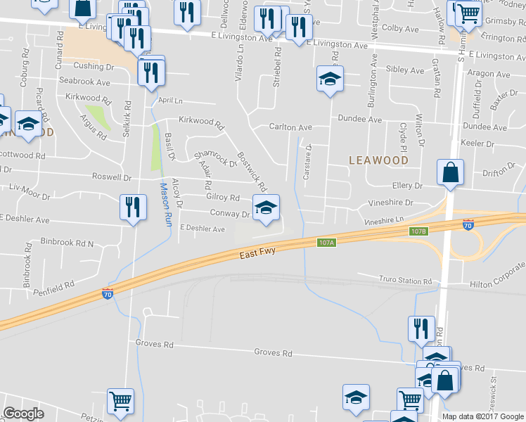 map of restaurants, bars, coffee shops, grocery stores, and more near 3892 Conway Drive in Columbus