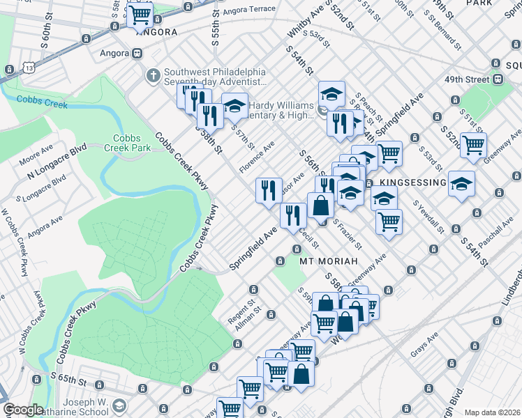 map of restaurants, bars, coffee shops, grocery stores, and more near 5822 Windsor Avenue in Philadelphia