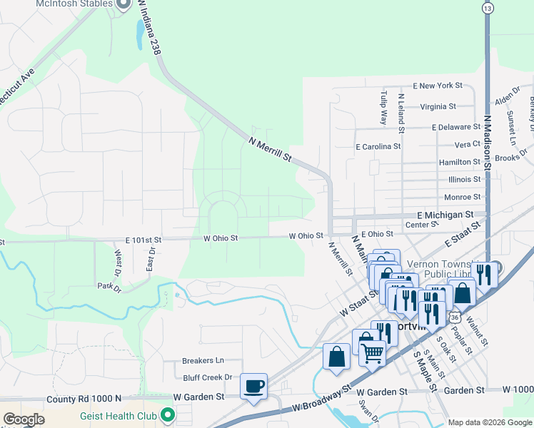 map of restaurants, bars, coffee shops, grocery stores, and more near 244 Noel Lane in Fortville