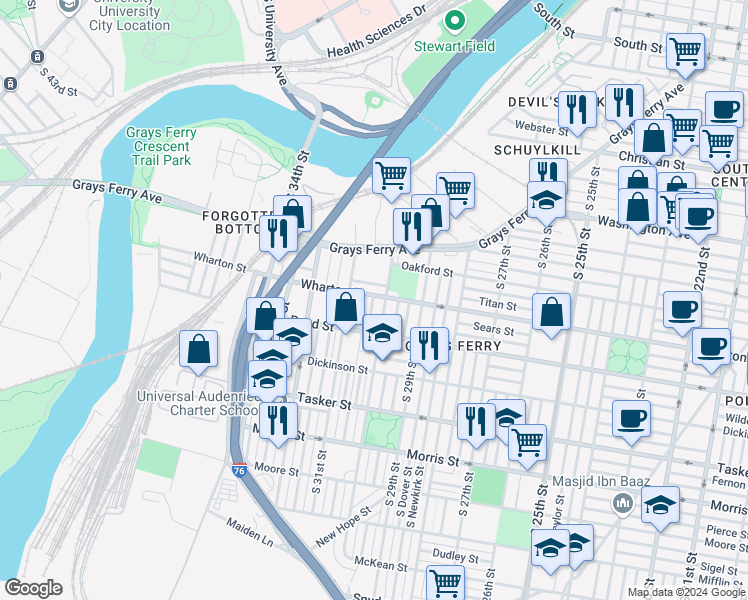 map of restaurants, bars, coffee shops, grocery stores, and more near 3012 Wharton Street in Philadelphia