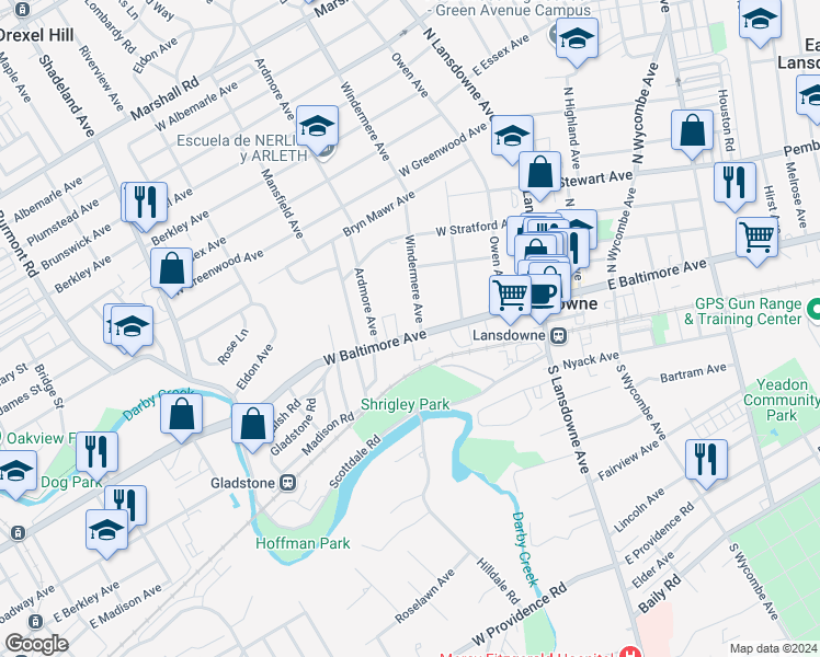 map of restaurants, bars, coffee shops, grocery stores, and more near 4 Windermere Avenue in Lansdowne