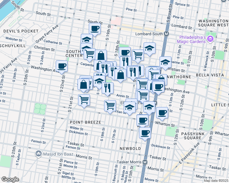 map of restaurants, bars, coffee shops, grocery stores, and more near 1730 Ellsworth Street in Philadelphia