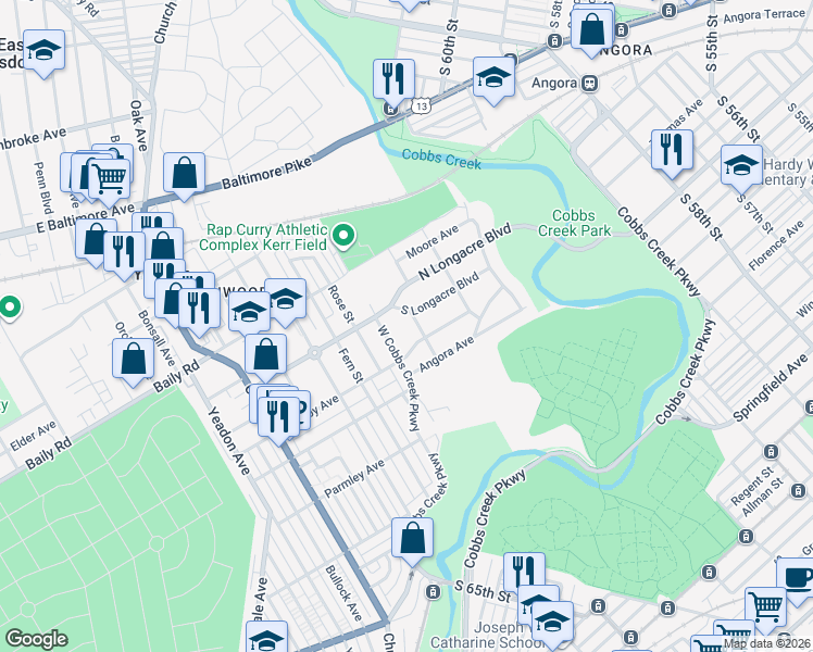 map of restaurants, bars, coffee shops, grocery stores, and more near 660 Ruskin Lane in Yeadon