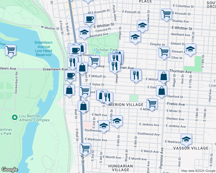 map of restaurants, bars, coffee shops, grocery stores, and more near 137 East Gates Street in Columbus