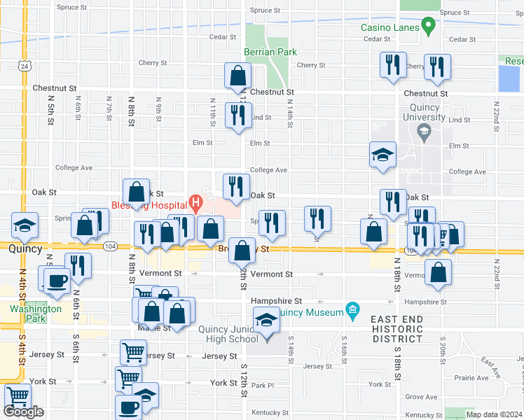 map of restaurants, bars, coffee shops, grocery stores, and more near 515 North 13th Street in Quincy