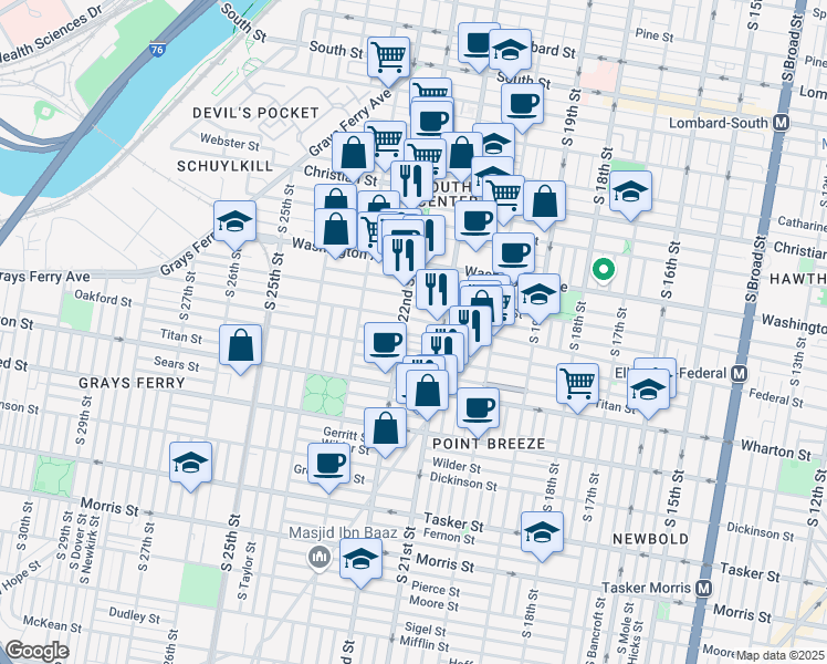 map of restaurants, bars, coffee shops, grocery stores, and more near 2139 Manton Street in Philadelphia