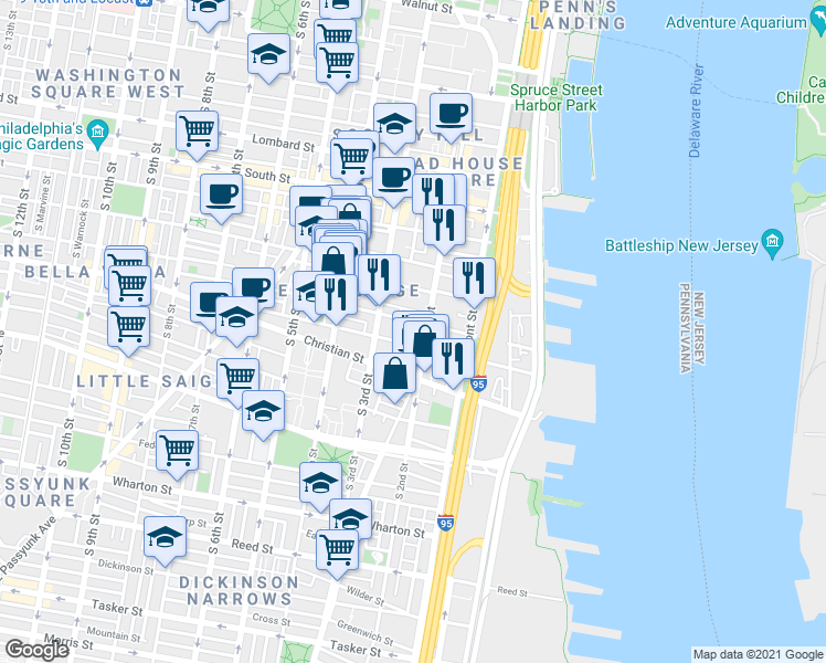 map of restaurants, bars, coffee shops, grocery stores, and more near 212 Catharine Street in Philadelphia