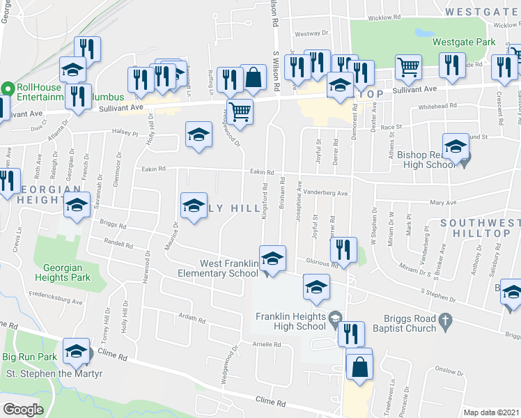 map of restaurants, bars, coffee shops, grocery stores, and more near 791 Kingsford Road in Columbus