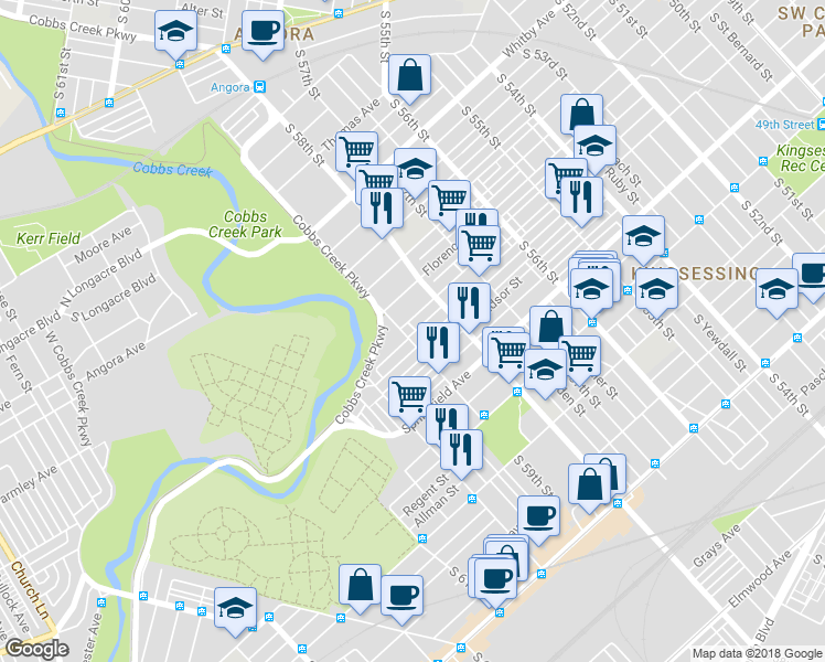 map of restaurants, bars, coffee shops, grocery stores, and more near 1637 South 59th Street in Philadelphia