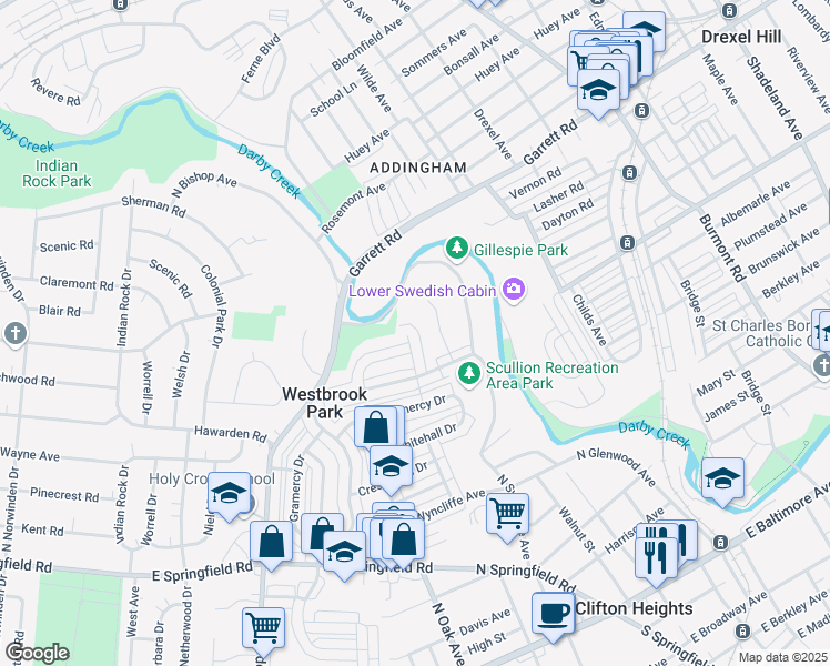 map of restaurants, bars, coffee shops, grocery stores, and more near 539 Seven Oaks Drive in Clifton Heights