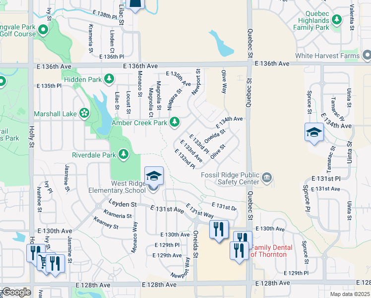 map of restaurants, bars, coffee shops, grocery stores, and more near 6872 East 133rd Avenue in Thornton