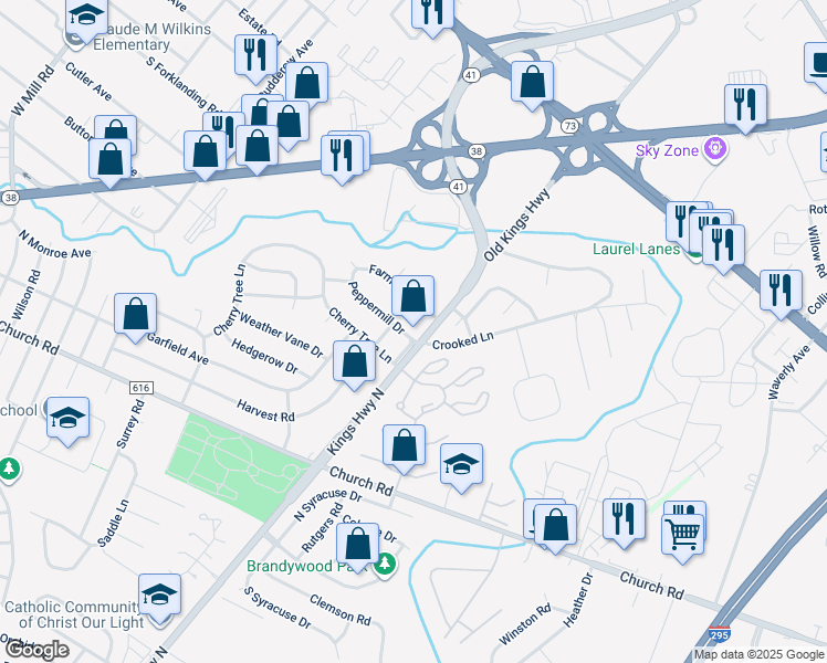map of restaurants, bars, coffee shops, grocery stores, and more near 24 Kings Highway North in Cherry Hill