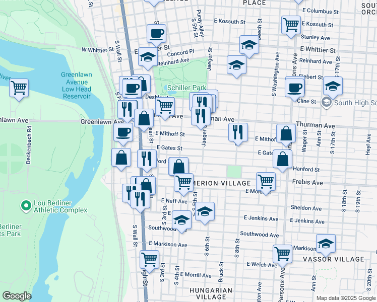 map of restaurants, bars, coffee shops, grocery stores, and more near 137 East Gates Street in Columbus
