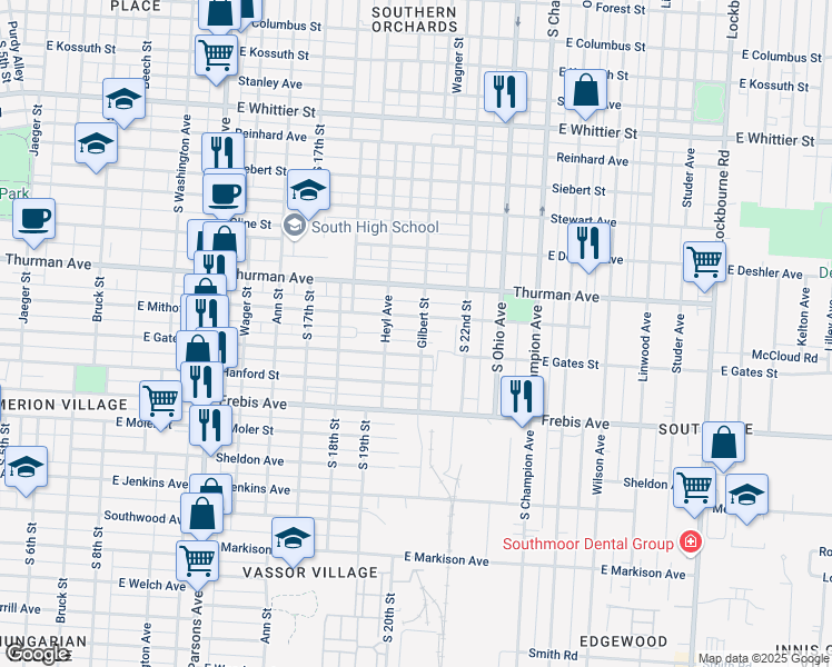 map of restaurants, bars, coffee shops, grocery stores, and more near 1321 Gilbert Street in Columbus