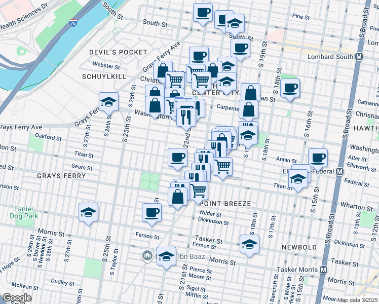 map of restaurants, bars, coffee shops, grocery stores, and more near 2145 Manton Street in Philadelphia