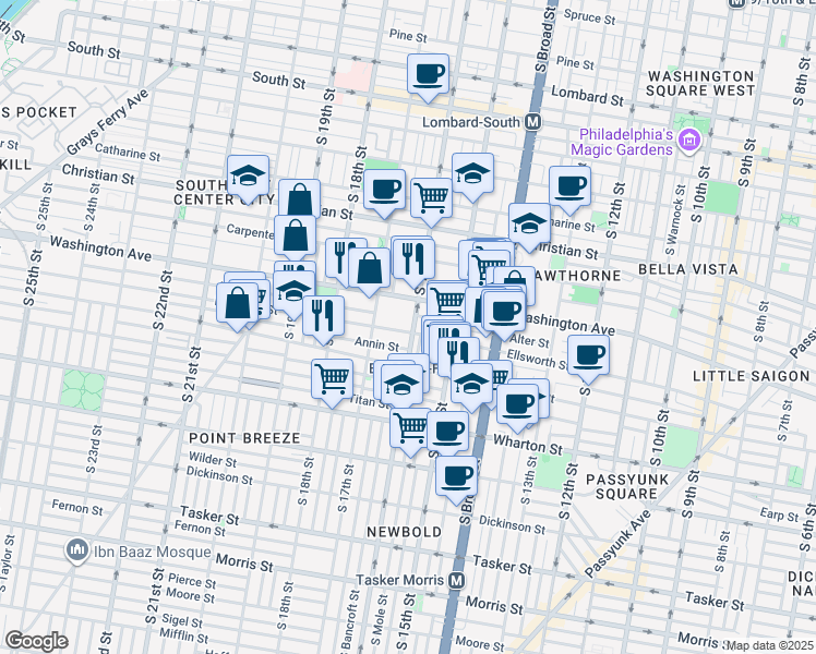 map of restaurants, bars, coffee shops, grocery stores, and more near 1625 Ellsworth Street in Philadelphia