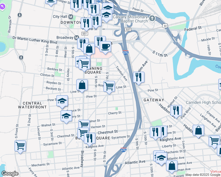 map of restaurants, bars, coffee shops, grocery stores, and more near 619 Newton Avenue in Camden
