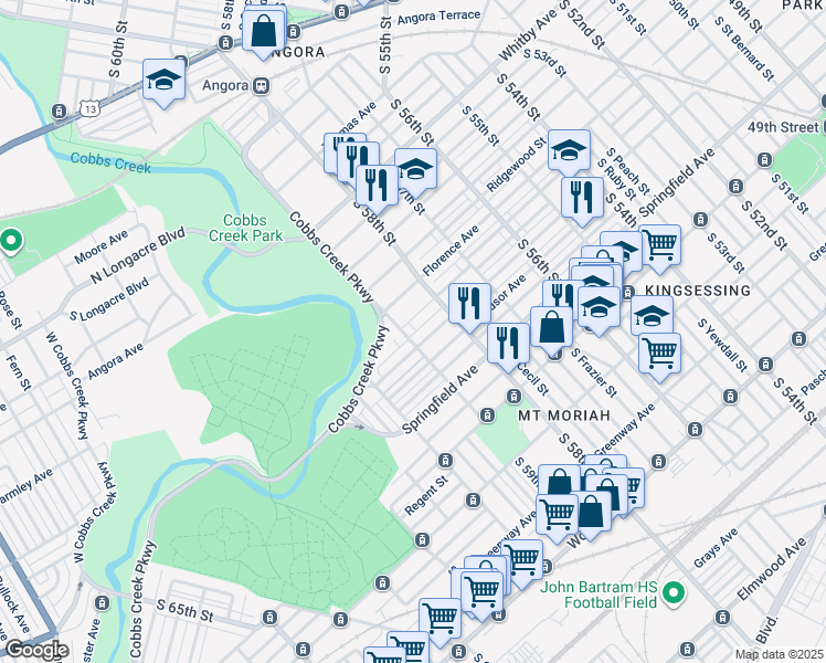 map of restaurants, bars, coffee shops, grocery stores, and more near 1637 South 59th Street in Philadelphia