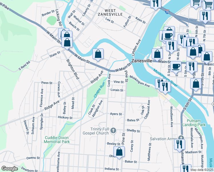 map of restaurants, bars, coffee shops, grocery stores, and more near 153 Luck Avenue in Zanesville