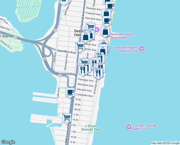 map of restaurants, bars, coffee shops, grocery stores, and more near 33 Dupont Avenue in Seaside Heights